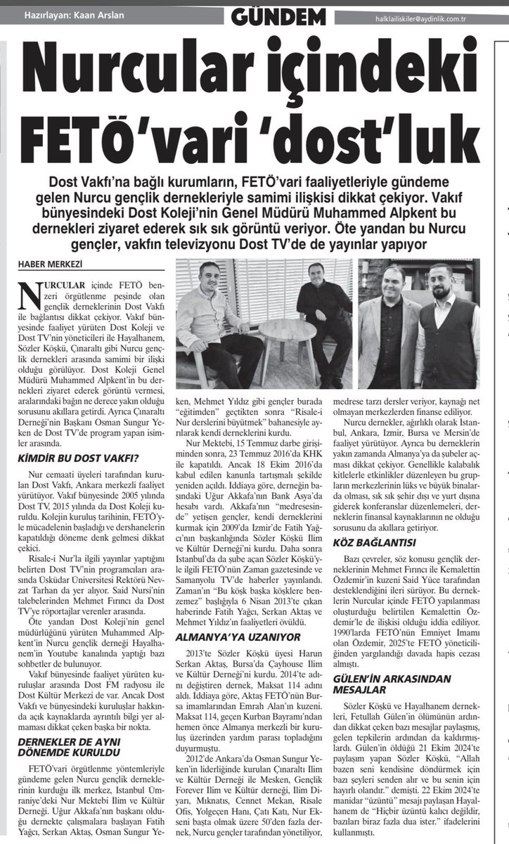 Paralel Nurcuların liderliğine hazırlanan Mehmet Yıldız'ın kim olduğu Aydınlık'ta ayrıntılı anlatılmış

🔻FETÖ'nün kapatılan Körfez dersanesinde öğretmen.
🔻Kurucusu olduğu Hayalhanem'de FETÖ gibi örgütlenme faaliyeti yürütüyor.
🔻Lüks ve büyük mekanlarda dersler veriyor.