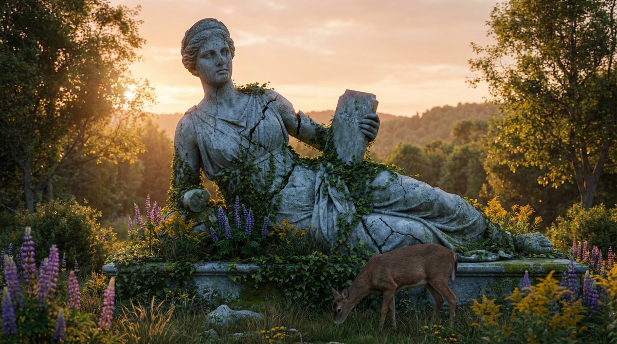 PromptSin's tweet photo. Someone checked out a library book for eternity… nature reclaimed their reading nook entirely 🦌🌿 
Drop a 🤌 if you’d camp here, reply with your go to hidden spot 
#OvergrownStatues #ForgottenSpaces https://t.co/Bkw4OEsCwk