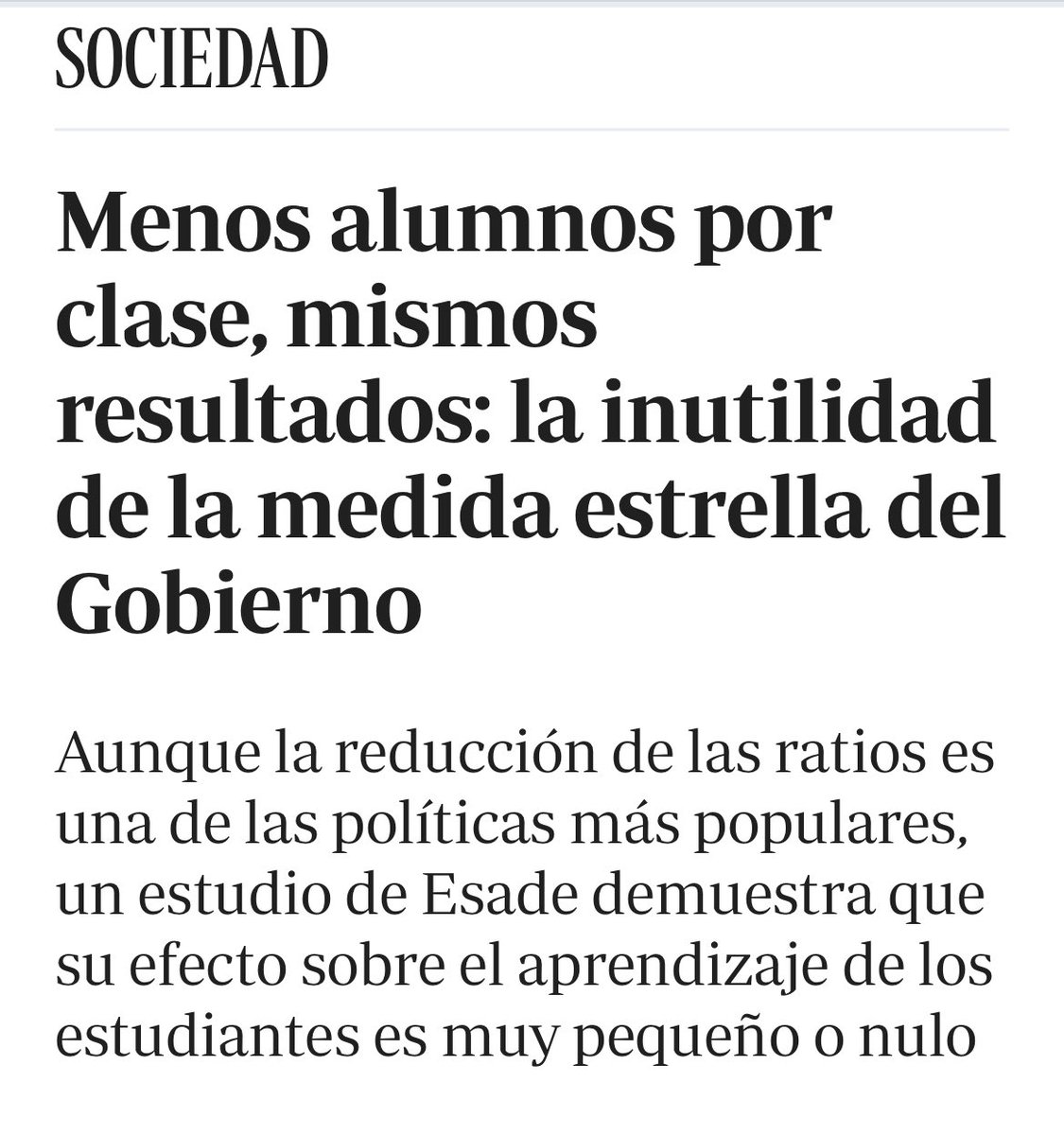 En efecto, cualquier profesor sabe que el número de alumnos por clase no importa. Por ese motivo, deberían subir la ratio a los 40 alumnos por clase como en la década de los ochenta y noventa. Una época educativa recordada por su escaso fracaso escolar y la atención personalizada