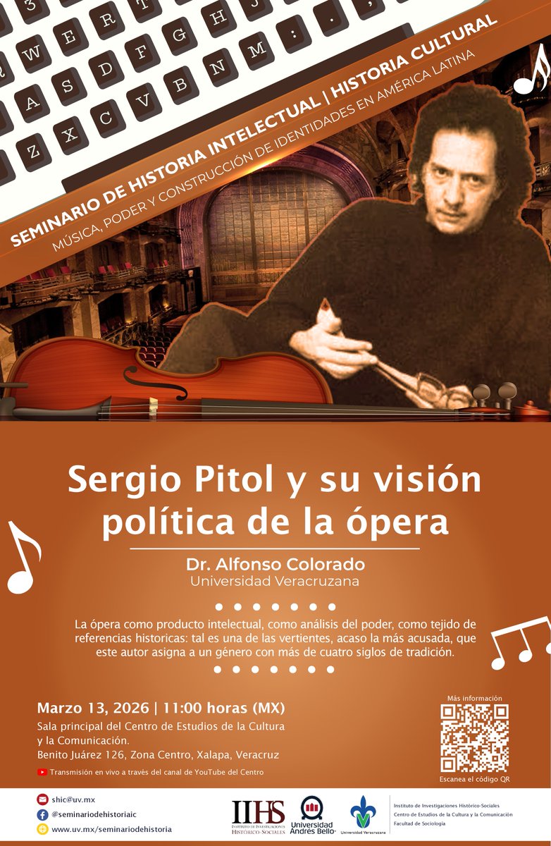 Les esperamos el próximo 13 de marzo en el Seminario de Historia intelectual / Historia cultural:
"Sergio Pitol y su visión política de la ópera"
Participa: Dr. Alfonso Colorado

📍CECC UV (Benito Juárez 126, Col. Centro)
🔴Transmisió en vivo por Youtube: youtube.com/c/ceccuv