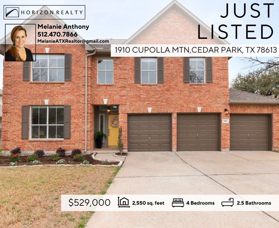 HorizonRealtyTX's tweet image. Horizon Agent, Melanie Anthony just listed this spacious 4 bedroom, 2.5 bath, 2550 sqft home in the heart of Cedar Park. #justlisted #HorizonRealty #forsale #dreamhome #cedarparktx
See website: horizonrealtylistings.com/1910-cupolla-m…