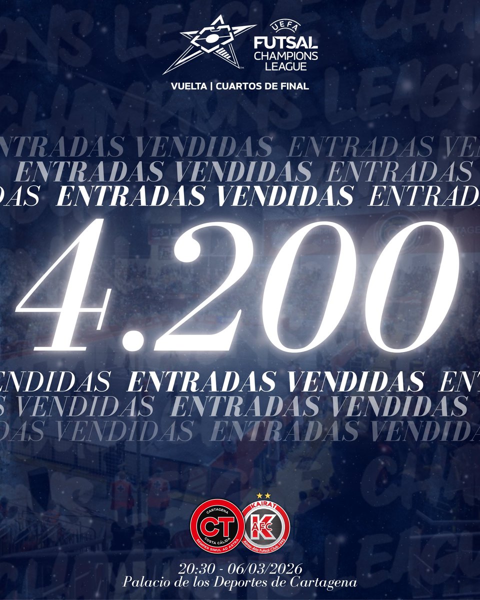 🤩🏆🇪🇺 ¡Ya somos más de 𝟒.𝟐𝟎𝟎 para la gran cita de Champions League en Cartagena! 

🚨🎟️ ¡Últimas entradas a la venta en jimbee.compralaentrada.com!

Cartagena, todos juntos a por la gloria europea ❤️🤍

#CartagenaKairat #UCLFutsal #EuroJimbee