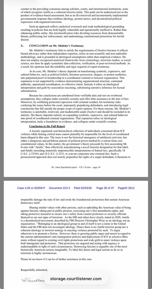 Sycamost's tweet photo. Zach Evetts’ attys hired Dr. Anne Speckhard (most impressive CV I’ve seen in my field) to complete a psych eval as well as to refute “antifa expert” Kyle Shideler’s planned testimony for the prosecution during pretrial. Her report eviscerates his “credentials.” 
#Prairieland https://t.co/EFYNkYAU9M