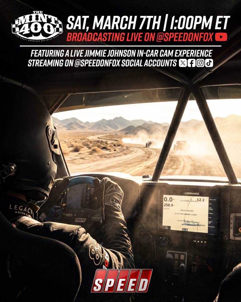 SPEEDonFOX's tweet image. Don't miss the Mint 400 LIVE on Saturday! Watch on our YouTube channel, plus "The @JimmieJohnson In-Car Cam Experience" on all SPEED on FOX social channels!