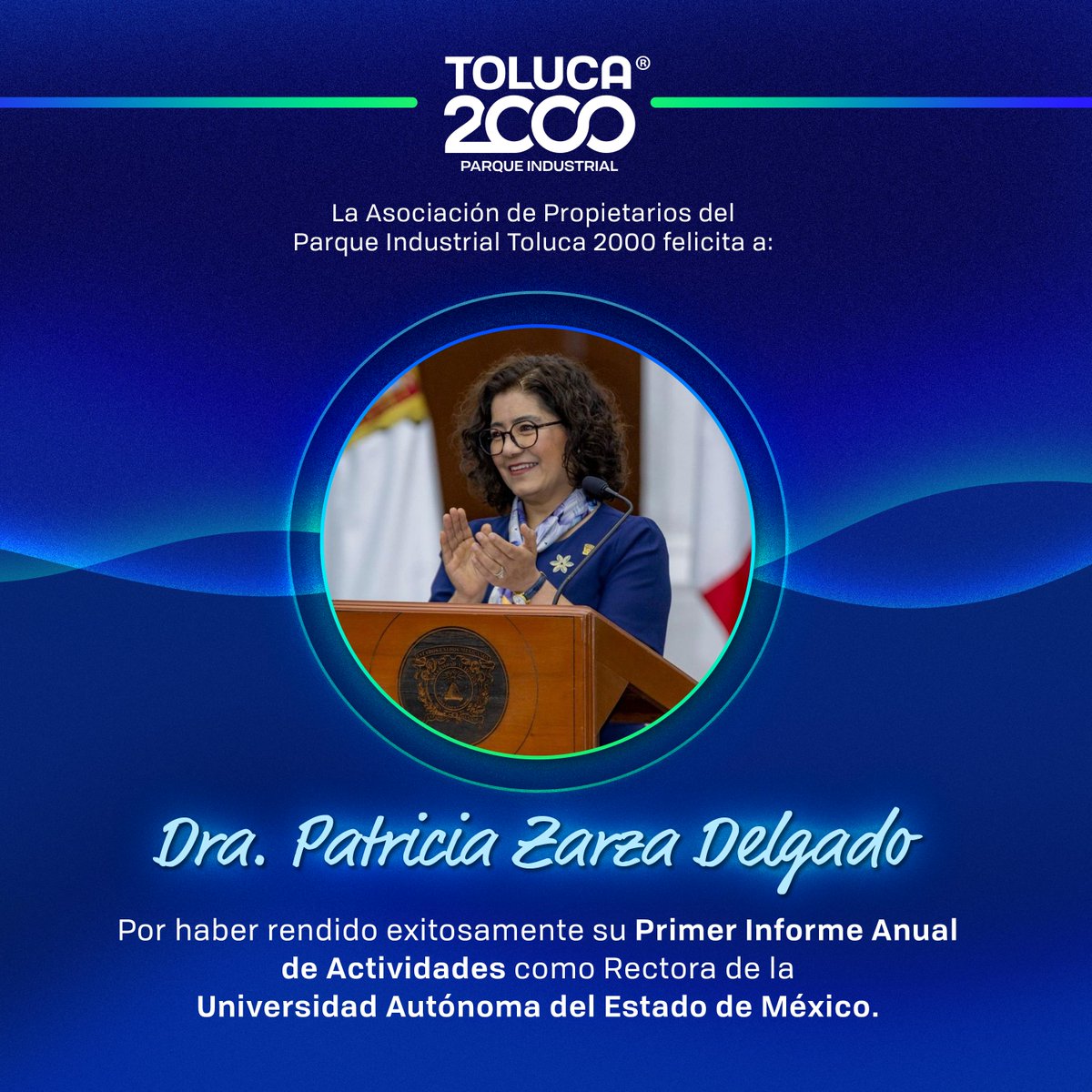 APPIT2000's tweet photo. Desde el Parque Industrial #Toluca2000 felicitamos a la Dra. @PatyzarzaUaemex, Rectora de la @UAEM_MX, por la presentación de su Primer Informe de Resultados.

Seguiremos sumando esfuerzos por el desarrollo de nuestra región. 🤝📘🏭 https://t.co/vOG3z9MNx3