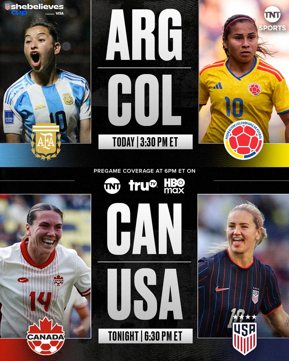 SheBelieves Cup action rolls on ⚽️🔥
Argentina vs Colombia // 3:30pm ET on truTV & HBO Max
Canada vs USA // 6:30pm ET on TNT, truTV, & HBO Max