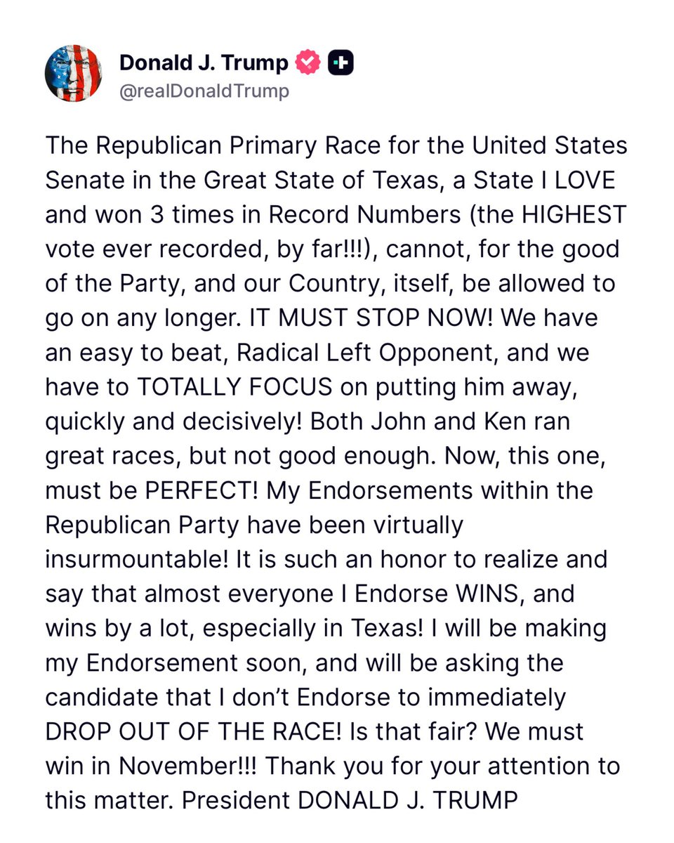 TEXAS SENATE RACE: I want to be clear about this. Under no circumstances should Ken Paxton drop out of this race. Doing so would be unfair to his family, unfair to his daughter who has stood by him through everything, and unfair to the supporters who have worked tirelessly to get