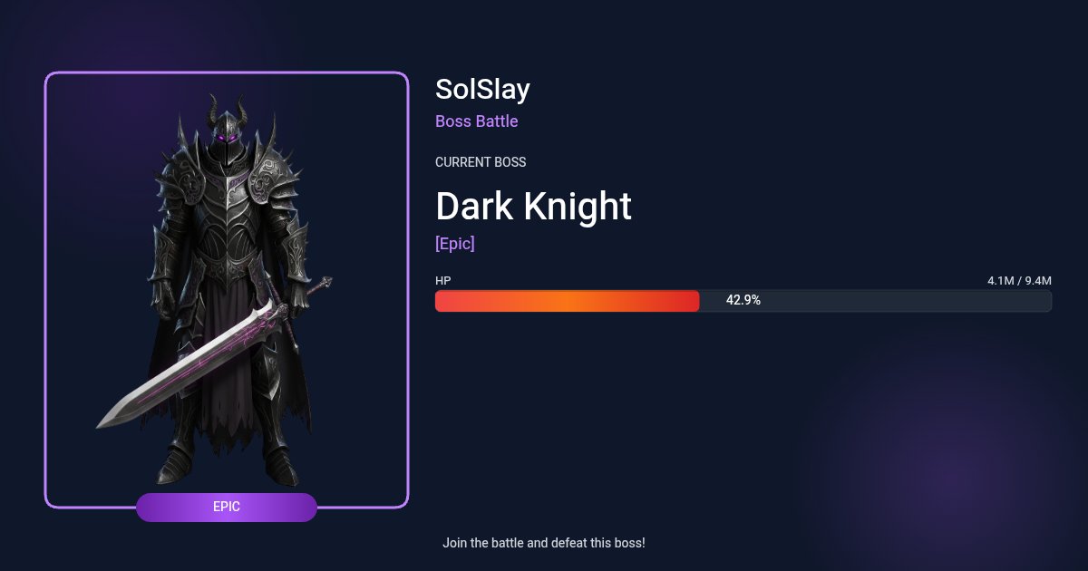 💜 Epic Boss: Dark Knight
❤️ HP: 42.9%

🗡️ Upgrade your hero’s attack power to deal more damage

🏆 Top ranks will earn SOL
🎁 All participants receive SLY

🏆 SolSlay is a Blockchain game where players compete and earn real rewards.

✅ solslay.com/games/boss-bat…

🎮 Play 🎁 Earn