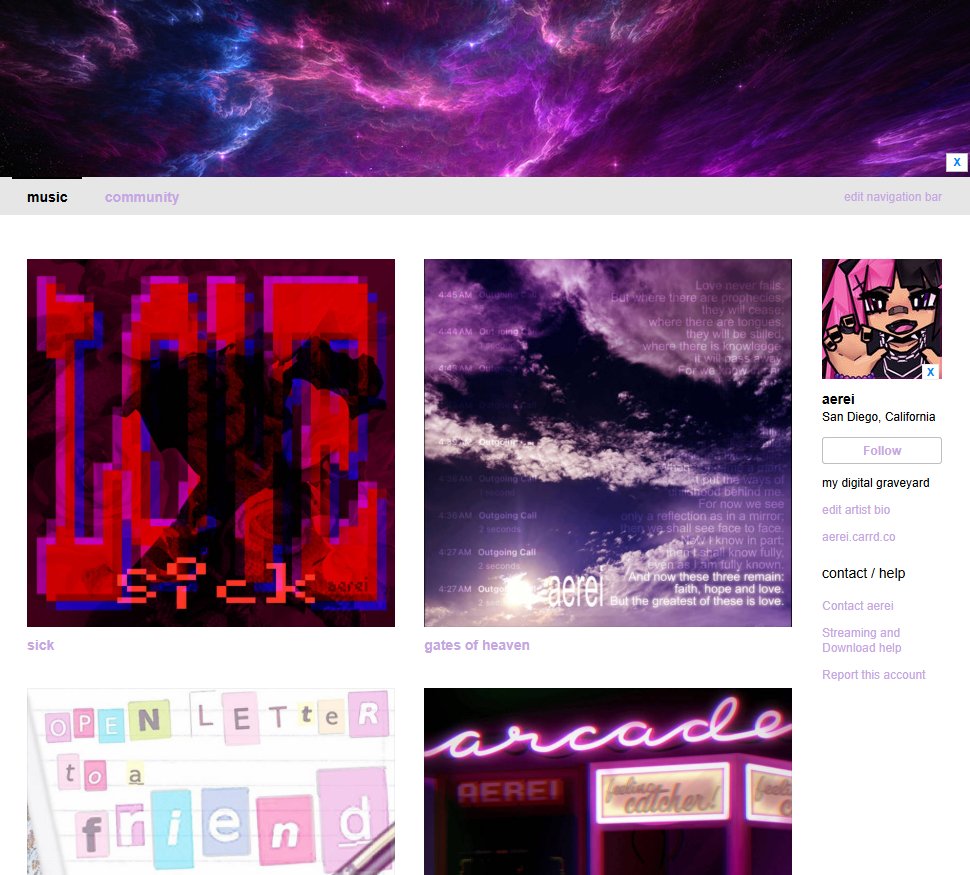 notaerei's tweet photo. i now have a bandcamp page!  if you'd like to support my music making endeavors directly, downloading my music through bandcamp is the best way to do so 🩶

all files are free / name your price :)

https://t.co/NeUcZydToZ https://t.co/gdewsBPqqZ