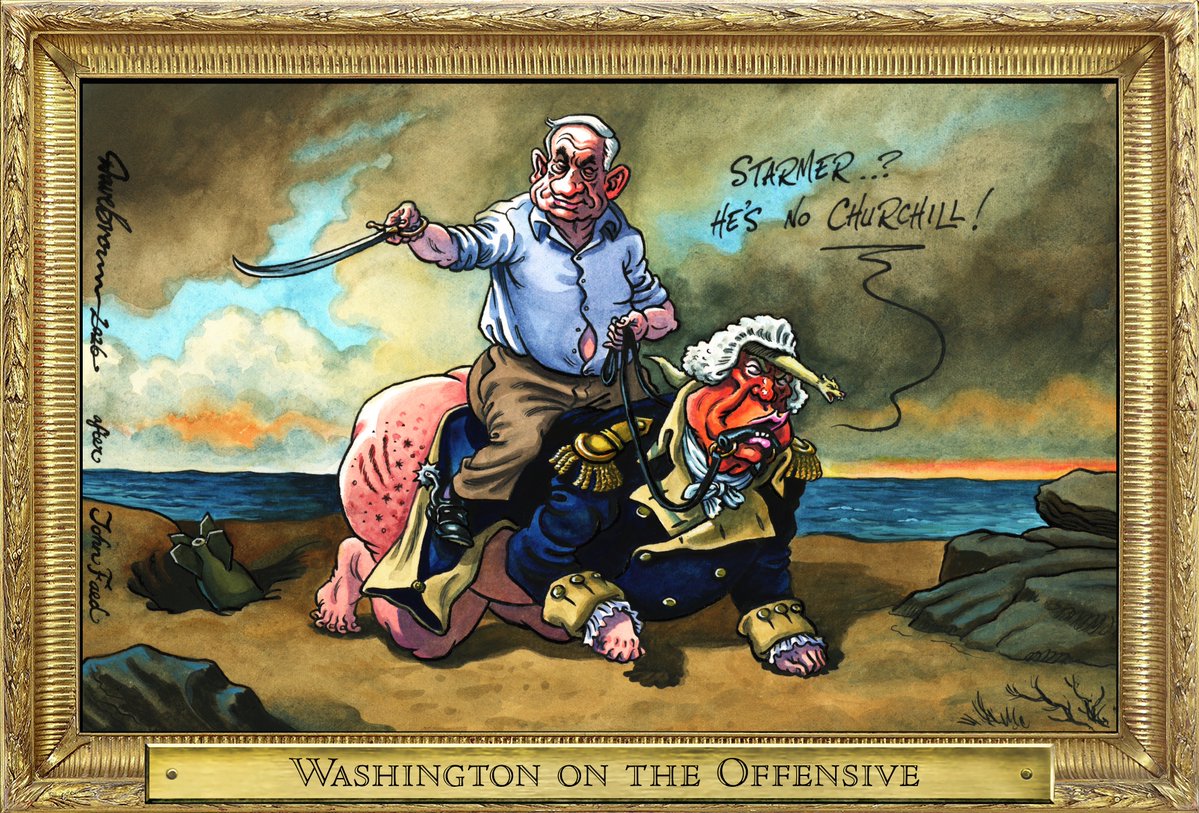 Tomorrow's <a href="/Independent/">The Independent</a> cartoon... after #JohnFaed's portrait of #GeorgeWashington... #Trump #Netanyahu #Starmer #AttackOnIran #MiddleEastConflict