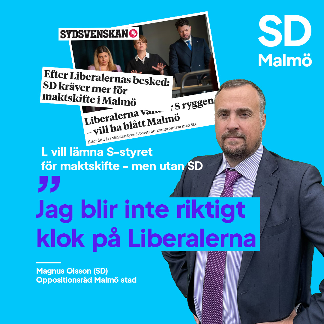 sdmalmo's tweet photo. L vill lämna S-styret för maktskifte med högerallians. De säger i SDS att de dock inte släpper in sd i ett styre, men om SD vill stödja en borgerlig budget efter valet så välkomnar L det. Oppositionsråd Magnus Olsson (SD):
"Jag blir inte klok på Liberalerna". https://t.co/xVmkmo0JMw