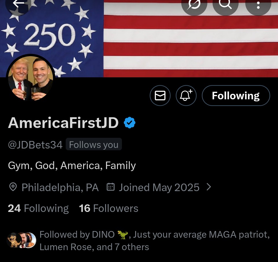 One of my close friends just joined X and I told him that we could help him grow his account. 

Let's see if we can get him to 300 today. 

I'm sure we will blow right past that. 😉 

Comment MAGA after you follow so he can get you back, then REPOST this for him.

<a href="/JDBets34/">AmericaFirstJD</a>