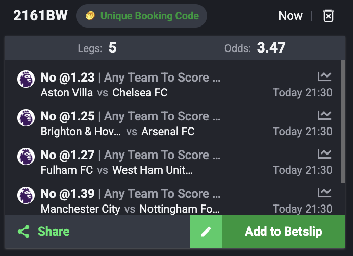 Bonus Premier league code ⚽️🏆

I posted a code with these market's on Facebook earlier and I think its great value 👀

Sportybet booking code: 2161BW at 3.47 odds (any team to score 3 or more goals in a row - No)
