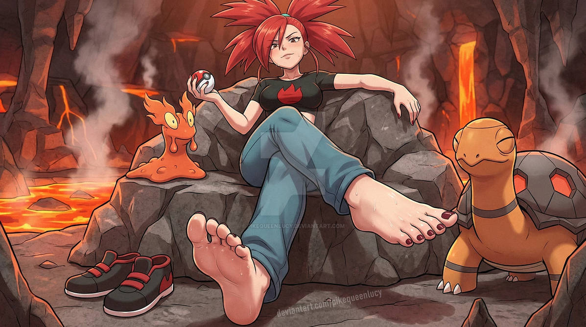 LovelyFeet33946's tweet image. Flannery a Lava Pokémon Gym Leader showing off her sweaty Barefoot with Red Pedicure Toes. #Pokemon #Feet #Flannery