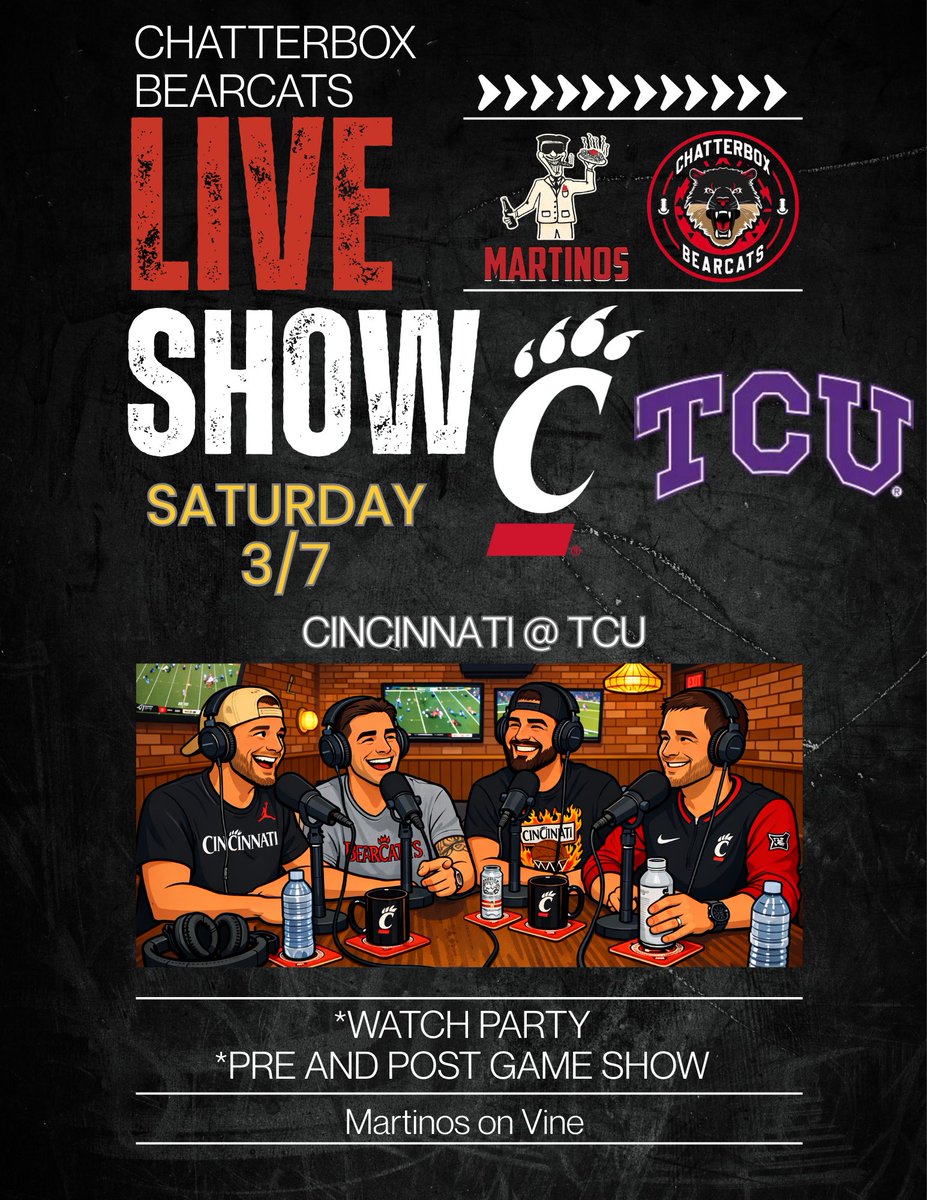 hudsonkeyne's tweet photo. 🚨 LIVE SHOW ALERT 🚨

This Saturday: Cincinnati vs. TCU 
📍 Martino’s on Vine
⏰ Pregame show starts at 1:30 PM

In position to be in position… https://t.co/xZWnIwVRwy