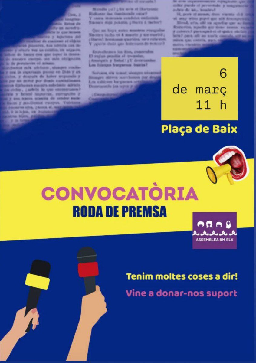 8mElx's tweet photo. El 6/03, farem Roda de premsa a les 11h, a la plaça de Baix,  Elx. Vine a donar-nos suport. Tenim moltes coses a dir.

El 7/03 estarem al mercat del Raval, des de les 10h, amb  samarretes, gorres, xapes... Farem pancartes. Vine i fes ta teua  pancarta. 

#8M #8M2026 #feminisme https://t.co/YoJCVmjaXP