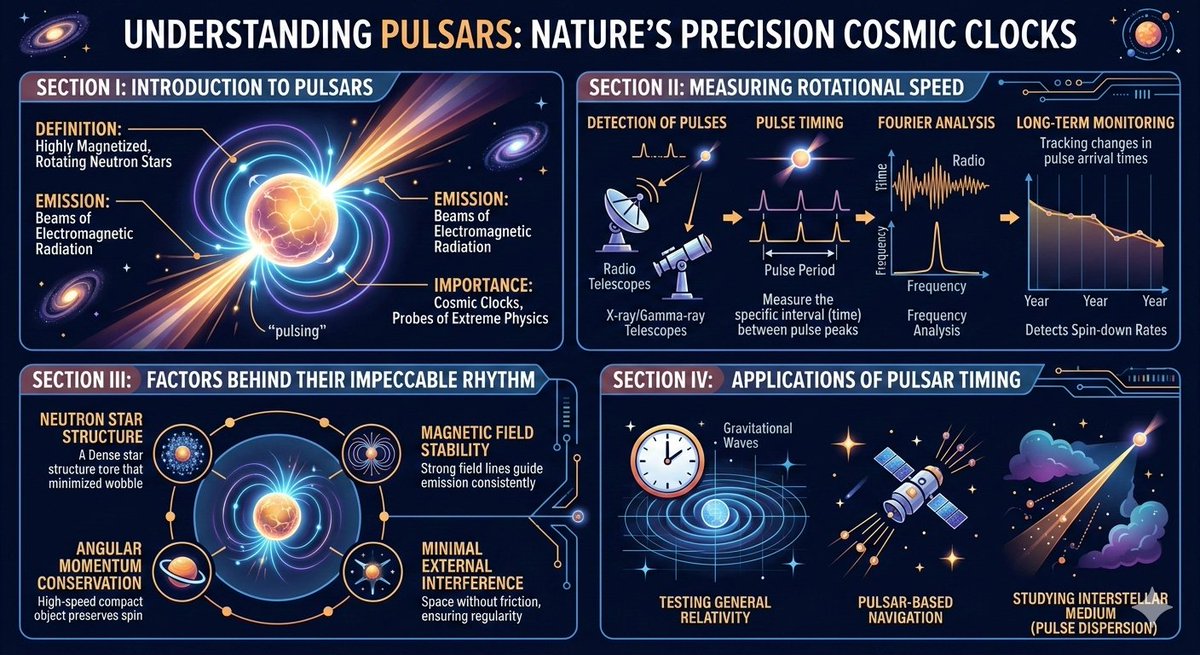 Scispecttrum's tweet image. 🌀 Pulsars rotate like lighthouses in space ⏱️ Their beats are so precise they rival atomic clocks 🌌 Explore the rhythm of the universe #PulsarPower #CosmicClock #SpaceScience 🚀✨