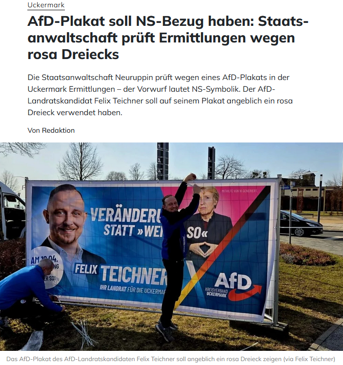 PeterBorbe's tweet photo. Man kann sich nur noch die Augen reiben, wenn man sieht, zu welch absurden geistigen Klimmzügen Linke sich versteigen, um AfD-Kandidaten irgendeinen NS-Bezug unterzuschieben.
Diesmal ist ein ein rosa Dreieck. Eine linksextreme NGO hat Strafanzeige erstattet, weil sie auf einem Plakat einen "rosa Winkel" zu erkennen glaubt, der von den Nazis zu Verfolgung Homosexueller eingesetzt wurde. Diese Hexenjagd wird immer wahnwitziger!
https://t.co/BG6CRQXWGQ
