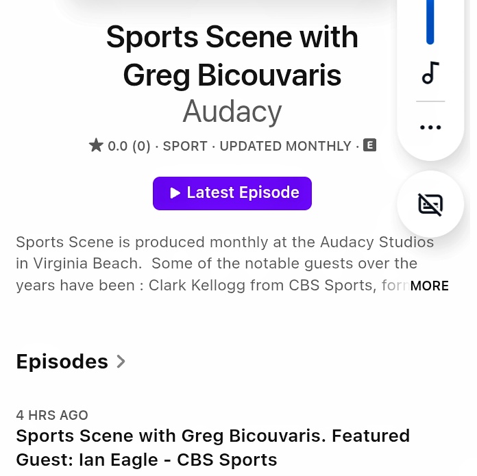 Sports Scene with Greg Bicouvaris welcomes Ian Eagle from CBS Sports &amp; Prime Video as the featured Guest on the most recent show. Available on the <a href="/Audacy/">Audacy</a> app &amp; wherever you get your Podcasts as well as <a href="/YouTube/">YouTube</a> and all over Social Media.