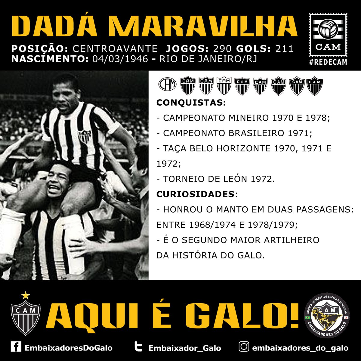 Hoje é aniversário do ídolo e artilheiro Dadá Maravilha!
Dario era um artilheiro nato, fazia gols com extrema facilidade, seja qual fosse a forma. Segundo ele mesmo diz, não existe gol feio, feio é não fazer o gol! Aqui é GALO!