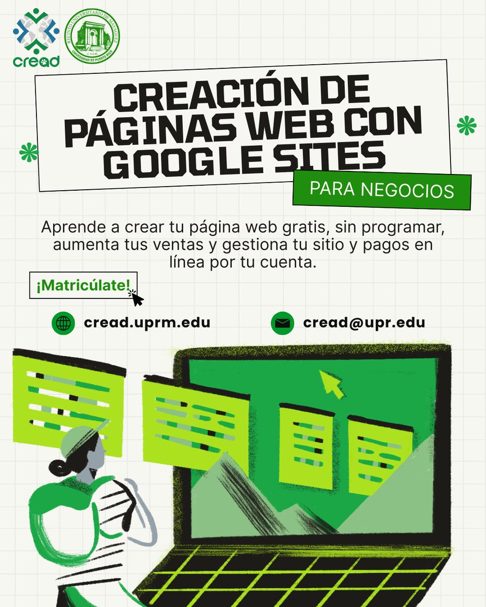 cread_uprm's tweet photo. En este curso aprenderás a desarrollar tu propia página web de manera fácil, rápida y gratuita.
https://t.co/wRN9eNtGN9

#cursoautodirigido #AprendeconCREAD #UPR #UPRM #cursoenlínea #Emprendedores #NegociosOnline #PresenciaDigital #MarketingDigital #Éxito #Oportunidad https://t.co/Oo7ASsl8on