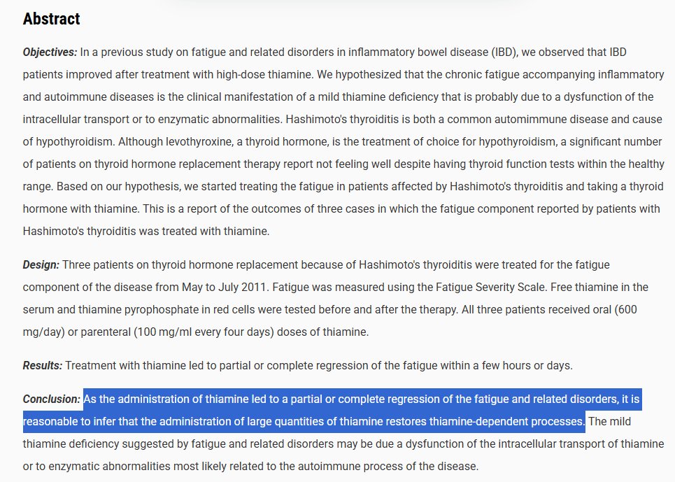 questmoosa's tweet photo. Hashimotos and Vitamin B1

600mg/day of B1 in patients with Hashimoto’s thyroiditis, led to partial or complete regression of the fatigue and related disorders within a few hours

Thiamine also prevents bad symptoms of hypermetabolism, such as the rapid action of the heart, nervousness and digestive disturbances, during thyroid treatment

Absolutely fascinating!