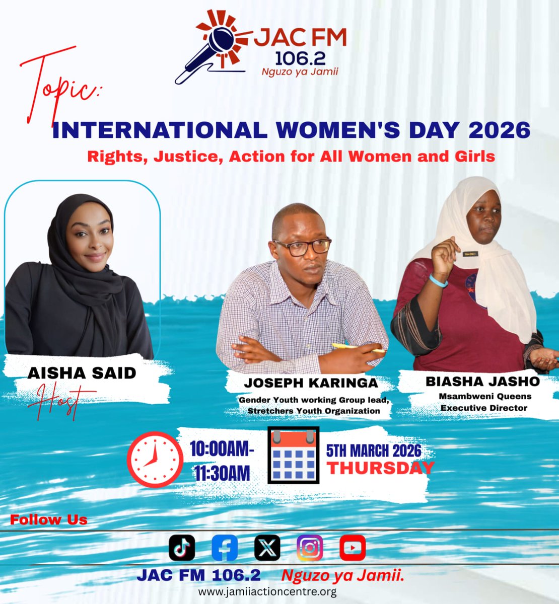 JamiiAction's tweet photo. International Women's Day!! 🎉 
Join us tomorrow at @JACFM106_2 as we'll be hosting @Biasha jasho from @Msambweniqueens and @Joseph Karinga from @streachers Youth org. proudly supported by Jamii Action Centre - JAC. Stay tuned as we will also be live on our Facebook page 📺. https://t.co/rOKN0Ecuj0