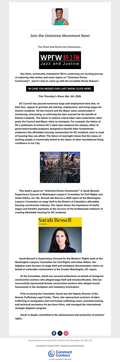 Thurs., March 5 @ 5 pm <a href="/WPFWDC/">WPFW89.3</a>'s "Unionism Drives Community!" discusses with Wash. Lawyers' Cmte for Civil Rights and Urban Affairs Supr Counsel SARAH BESSELL how massive wage theft weakens the goal of publicly-funded affordable housing construction.