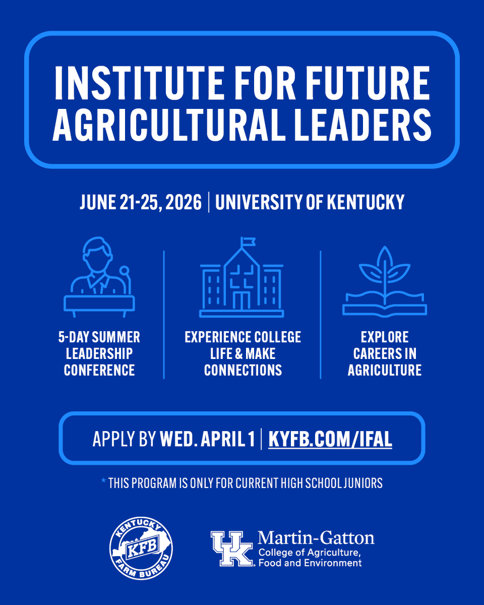 UKAgriculture's tweet photo. The Institute for Future Agricultural Leaders (IFAL) is a June 21-25 leadership conference that helps students become familiar with Kentucky Farm Bureau, promotes agriculture-related career choices and provides leadership development. 

Apply by April 1: https://t.co/dlypRPG7su. https://t.co/L6iG22avrn