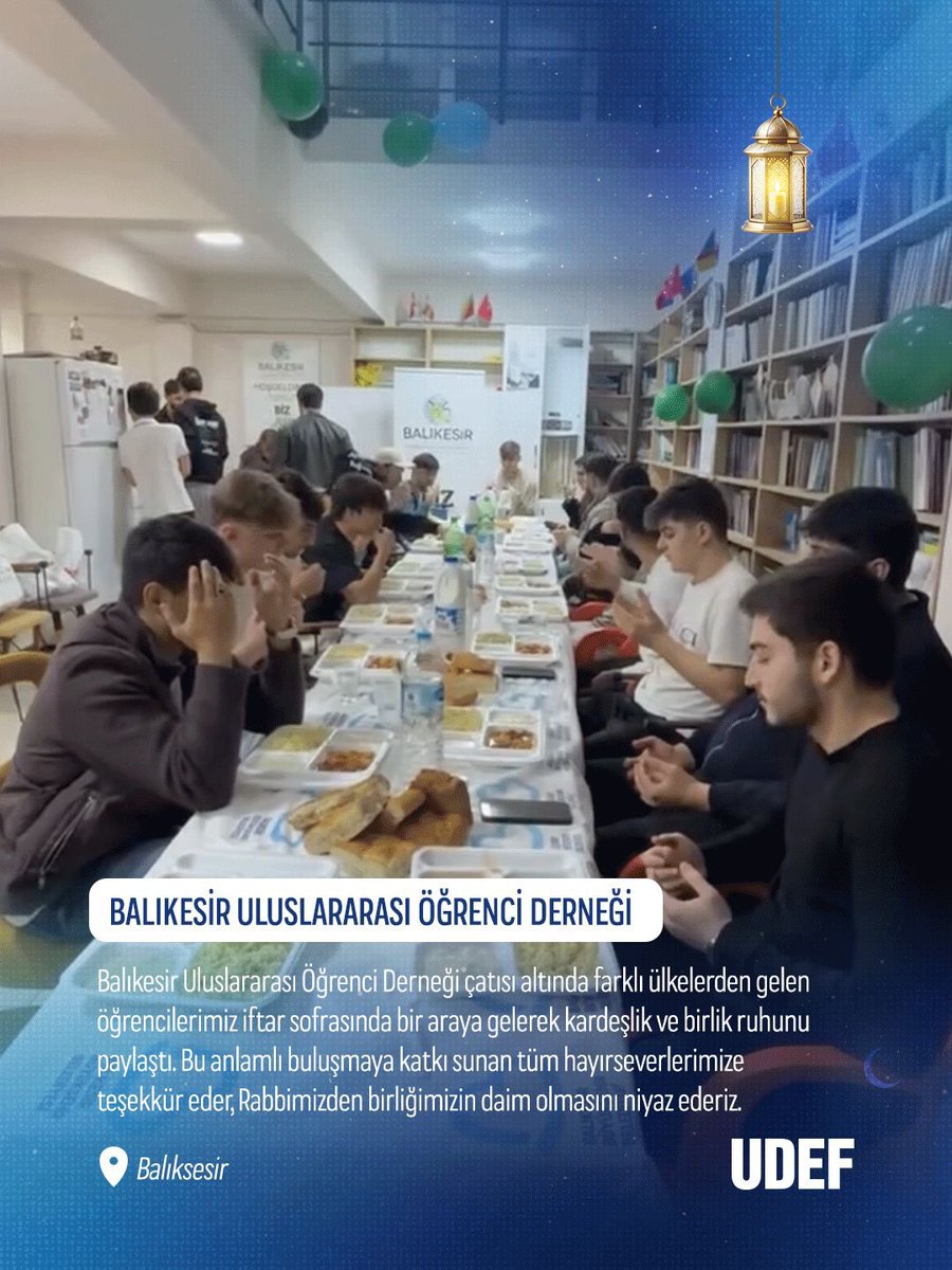 udeforgtr's tweet photo. 🌙✨ UDEF’TE RAMAZAN

📍 Ramazan ayının bereketini Türkiye’nin dört bir yanında uluslararası öğrencilerimizle birlikte paylaşıyor, iftar sofralarında kardeşliğimizi pekiştiriyoruz.

İşte derneklerimizden öne çıkan Ramazan buluşmaları:

📌 Isparta – Isparta Uluslararası Öğrenci Derneği
İftar soframızda Bangladeşli, Pakistanlı, Nepalli ve Somalili öğrencilerimizle bir araya gelerek Ramazan’ın bereketini paylaştık. Kardeşlik ve dayanışma içinde geçen bu anlamlı buluşmada öğrencilerimiz ve gönüllülerimiz aynı sofrada buluştu.

📌 Balıkesir – Balıkesir Uluslararası Öğrenci Derneği
Farklı ülkelerden gelen uluslararası öğrencilerimiz iftar sofrasında bir araya gelerek Ramazan’ın kardeşlik ve birlik ruhunu paylaştı. Bu anlamlı buluşmada öğrencilerimiz ve gönüllülerimiz aynı sofranın bereketini birlikte yaşadı.

📌 Bursa – İpekyolu Uluslararası Öğrenci Derneği
Bu akşam Suriyeli hanım misafir öğrencilerimizle iftar soframızda bir araya geldik. Ramazan’ın manevi atmosferinde gerçekleşen buluşmada kardeşlik ve dayanışma duyguları pekişti.

📌 Erzurum – Erzurum Uluslararası Öğrenci Derneği
Ramazan iftarlarımız devam ediyor. Bu akşam iftar soframızda Pakistanlı öğrencilerimizi misafir ederek Ramazan’ın paylaşma ve kardeşlik ruhunu birlikte yaşadık.

Federasyonumuza bağlı derneklerimizin Ramazan ayındaki faaliyetlerinden öne çıkan kareleri incelemek için kaydırabilirsiniz. 👉

#UDEFteRamazan #UDEF #UluslararasıÖğrenciler
#RamazanBereketi #İftarSofrası
