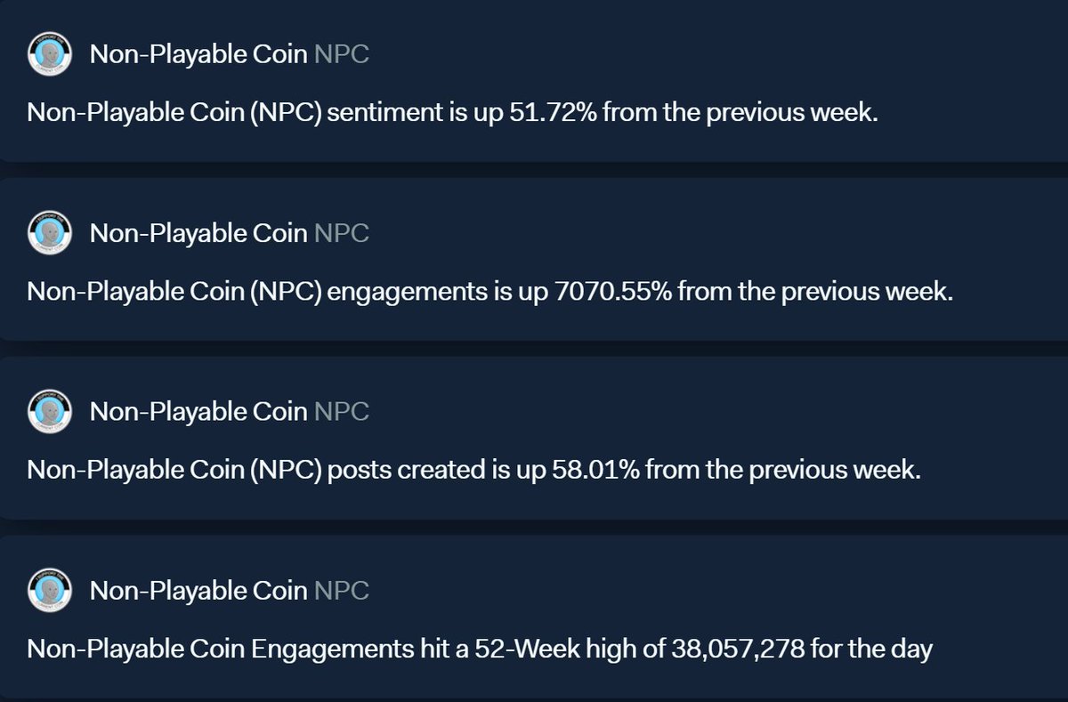Npc Statistics $NPC METRICS $NPC SENTIMENT UP 51% $NPC ENGAGEMENTS UP 7070% $NPC POSTS ...