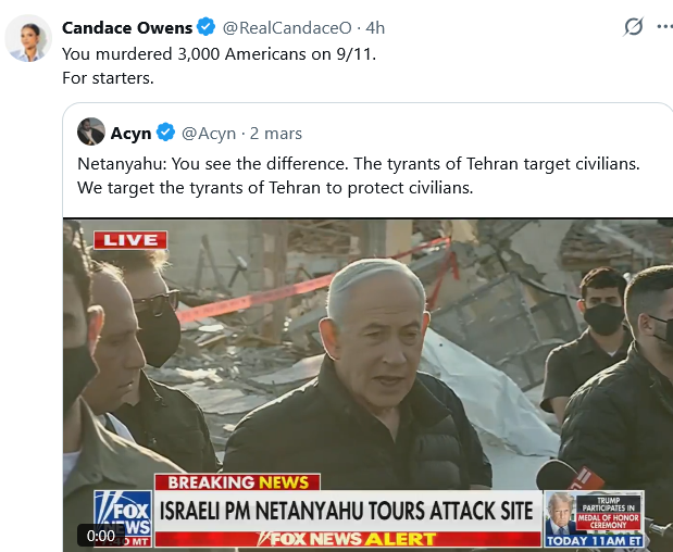 L'influenceuse Candace Owens, vient d’affirmer que le Premier ministre israélien Benyamin Nétanyahou, a assassiné 3 000 Américains le 11 septembre. 

Revendiquant officiellement la responsabilité d’Israël dans le détournement des avions et l’effondrement des tours jumelles, le