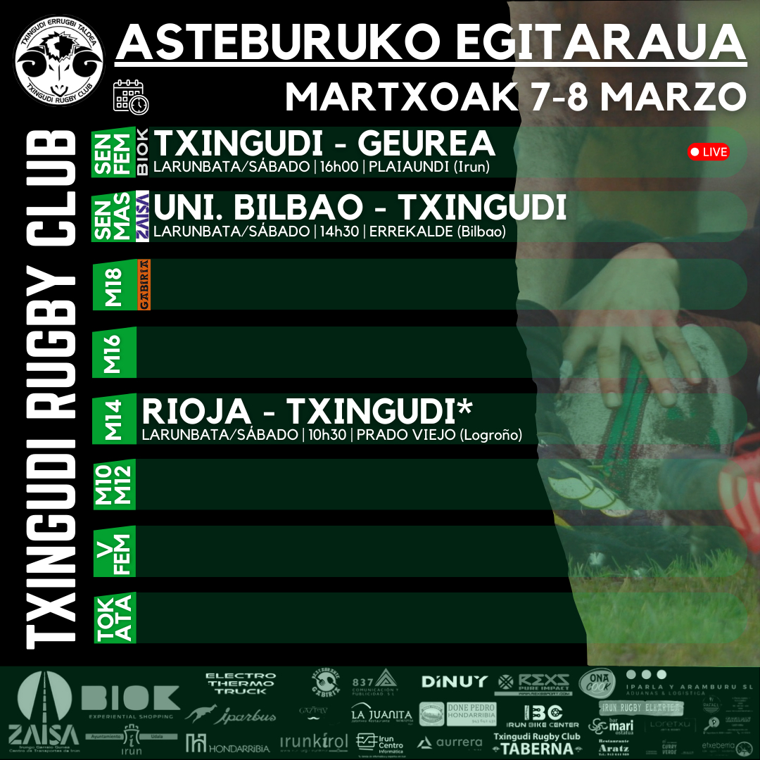 txingudirugby's tweet image. Asteburuko egitaraua | Programa del fin de semana

#rugby #txingudi