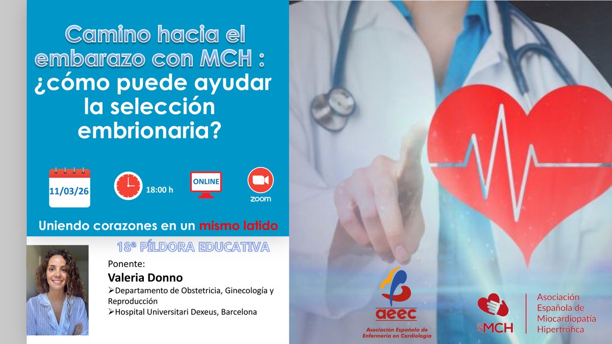 AEEC_enfcardio's tweet image. 🔔  ¡Te esperamos! 18ª Píldora Educativa. "Camino hacia el embarazo con MCH: ¿Cómo puede ayudar la selección embrionaria?" con Valeria Donno. Modera: Susana Portela y Ana Martín.

📆 11/3/26
⏰ 18:00h | Online

Link: us06web.zoom.us/j/88089905268?…

#AEEC #Enfermeriacardiovascular