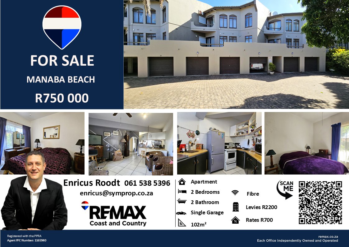 enricusremax's tweet photo. ✨Manaba Beach, South Coast, Kzn🏖
2 Bedroom Apartment
💥R750 000
🛌2 Bed
🛁2 Bath
🚗Single Garage &amp; Open Parking
📍View more details here: https://t.co/1M7QGzkhS6
📱061 538 5396 📧enricus@symprop.co.za
#REMAXCoastandCountry #ManabaBeach #RealEstate #EnricusREMAX https://t.co/zlAS7OKom0