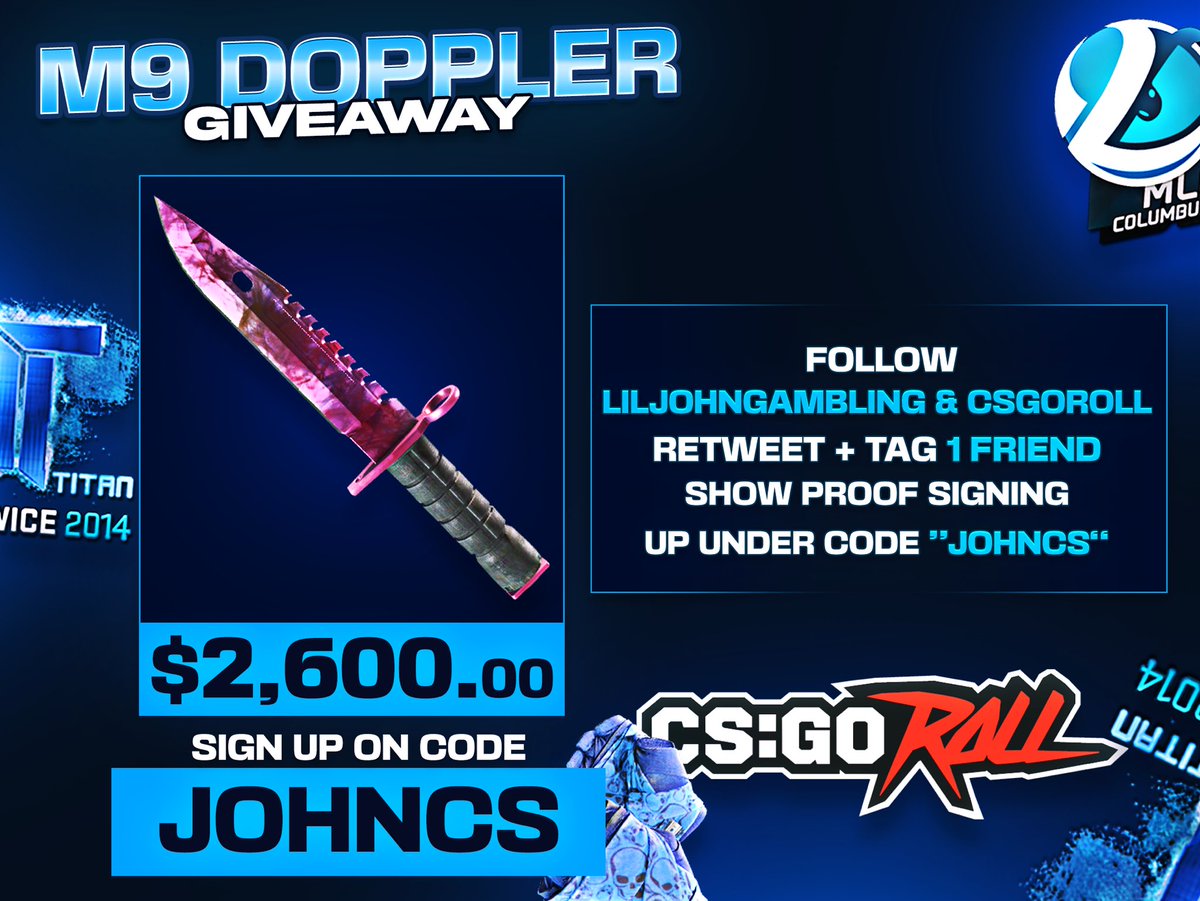 JohnCS's tweet photo. 💰$2,600 M9 Doppler Giveaway💰

How to enter:
✅follow me and @CSGORoll 
✅rt + tag 1 friend
✅show proof of signing up under code “Johncs”

☑️Check replies for direct signup link🤓

Giveaway rolls in 7 days good luck! https://t.co/2Tj4SIFOaq