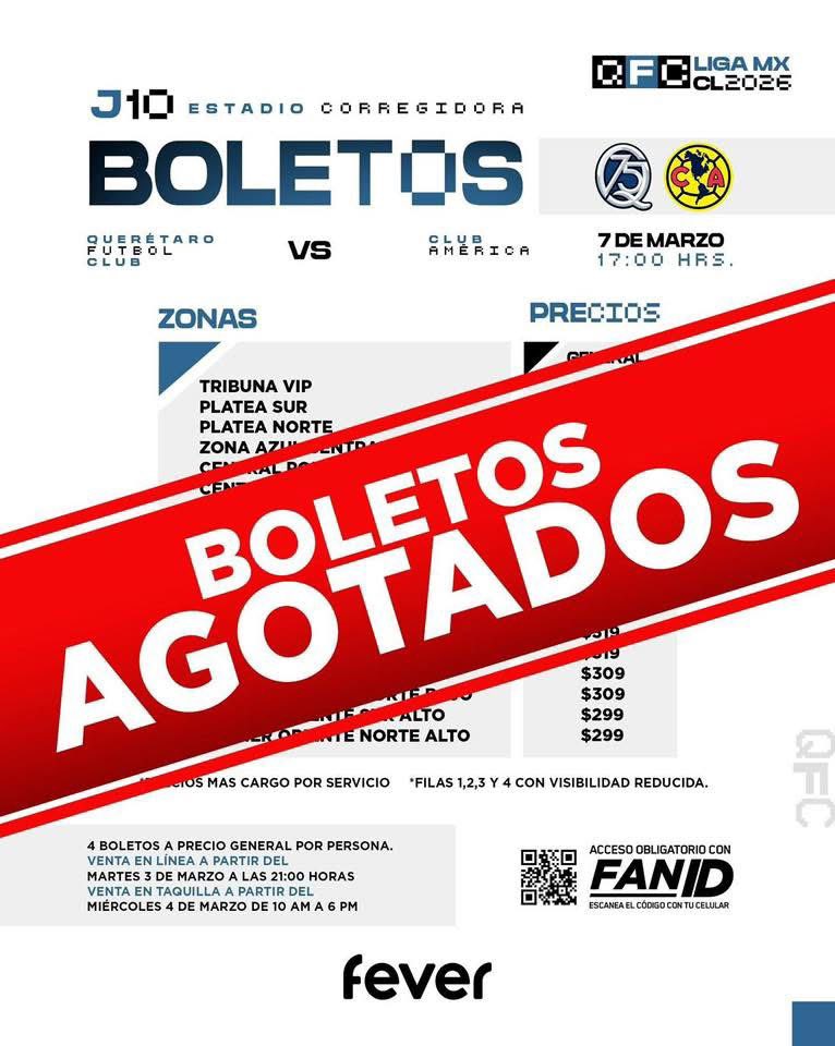 🚨🚨 De última hora: AGOTADOS los boletos para el partido de <a href="/Club_Queretaro/">Gallos Blancos 🐓</a> VS <a href="/ClubAmerica/">Club América</a>