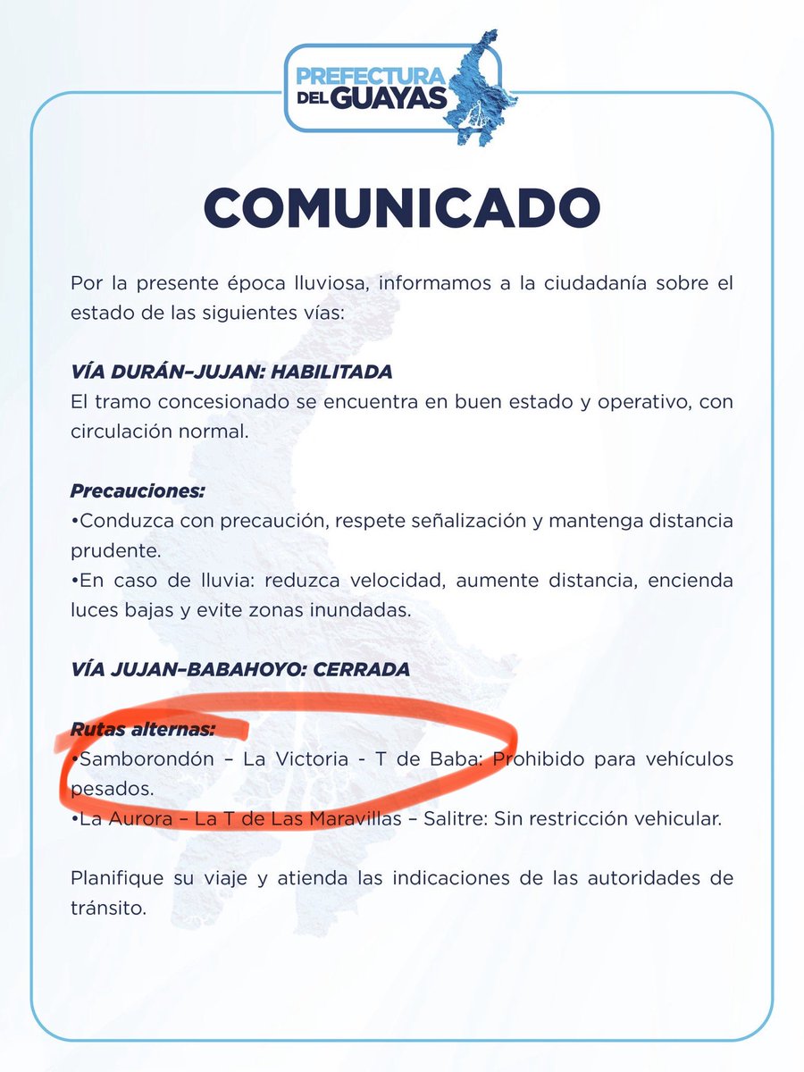 🆘 OJO <a href="/PrefGuayas/">Prefectura del Guayas</a> está circulando más tránsito pesado por la vía Samborondón-La Victoria, y viceversa, que se encuentra ‘inundada’ de huecos. Son 8 kilómetros de marchas y contramarchas. El problema se agravará ahora… <a href="/marcelaguinaga/">Marcela Aguiñaga</a>