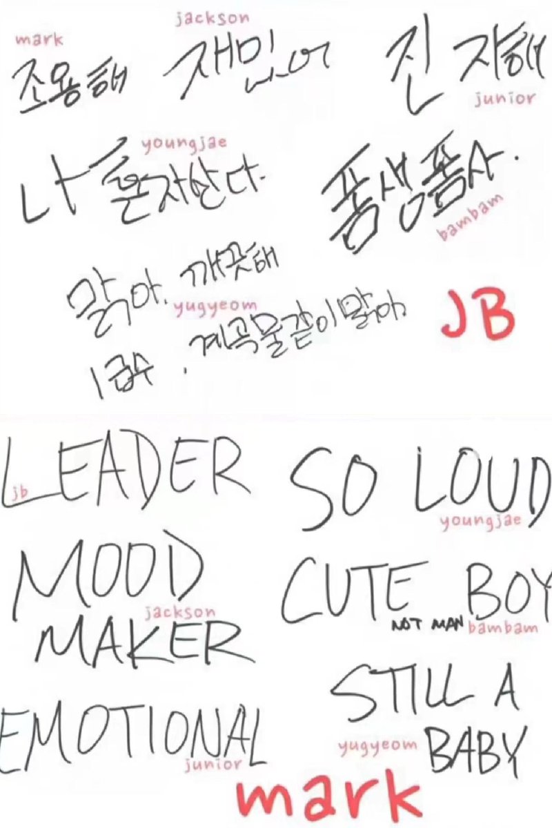 throwback to  what GOT7 members thought of each other

#JAYB on GOT6
🐰: Quiet
👑: Funny
🍑: Serious
🌙: I Live Alone
🐍: Lives by the form/swag, dies by the form/swag *in playful, admiring tone*
🌼: Clear, pure~ clear like top-grade valley stream water

#MarkTuan on GOT6
🌴: