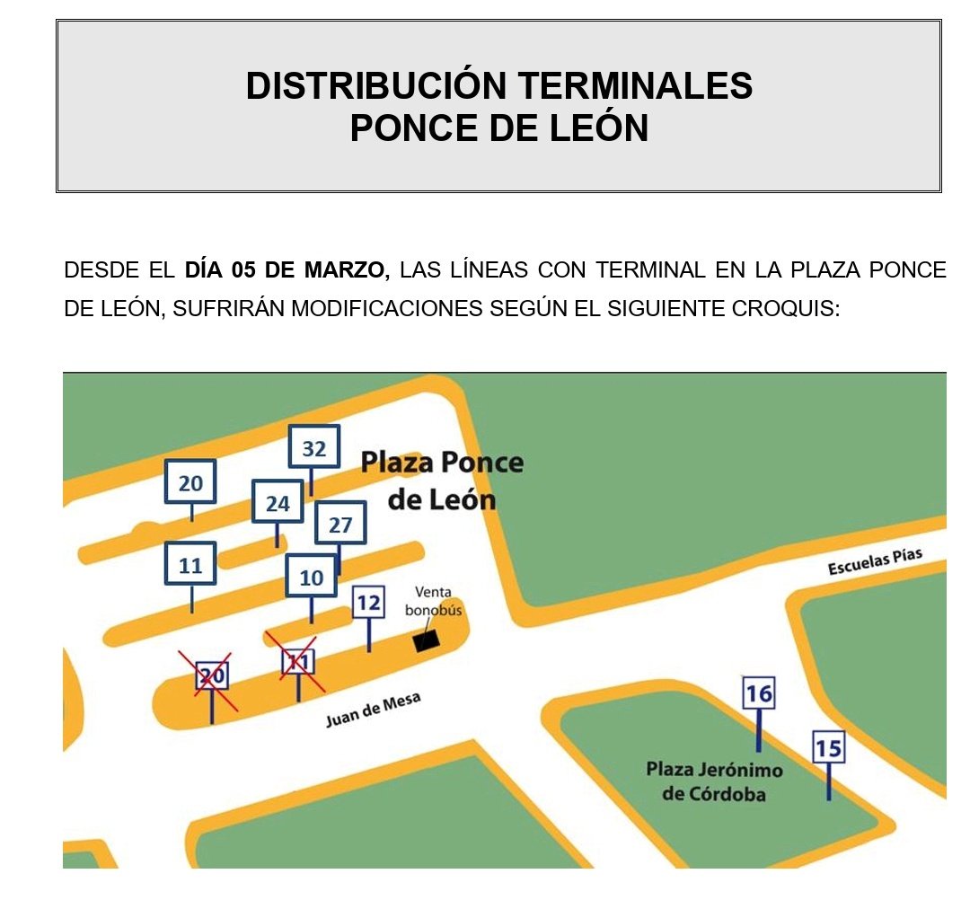ATENTIONE!! PLIS!
Desde mañana dia 5 de Marzo hay cambios en la ubicación de las líneas Tussam 11 y 20 en Ponce de León.

Que apretadísimos vamos a estar. 😬🥺