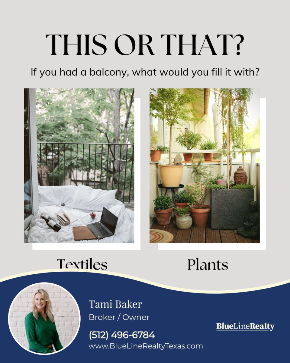 TamiBlueLineRE's tweet photo. Imagine what your ideal balcony arrangement would look like.

Would you go for comfy textiles for lounging or opt for a fresh, green oasis with plants?

#TamiBakerBroker #BlueLineRealtyTX #BlueLineRealtyTexas #HomesForSale #JustListed #AustinHomes #NewBeginnings #LandsofTexas https://t.co/R6N0BoBCXr
