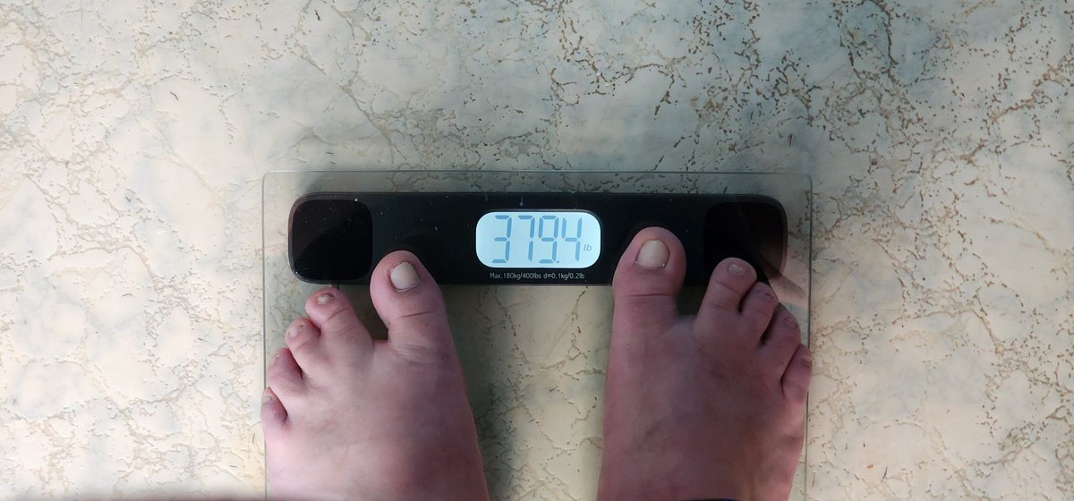 Diogee379's tweet photo. I dont always share shit like this, really self conscious and hate my body.  Im a fat fuckin pig.  For shits and giggles stepped on my dads scale he got for after heart surgery.  Shit, im back under 400.  Thats nice.  I gotta really fight eating my feelings...thats a big problem https://t.co/Wmi9Pi4kgX