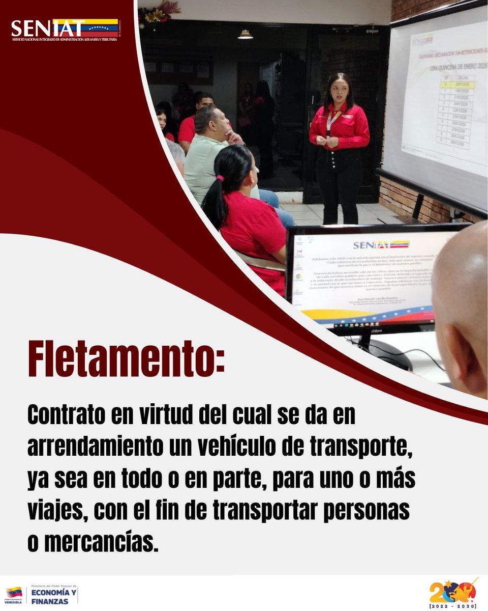 SENIAT_Oficial's tweet photo. ¿Sabes qué es el Fletamento? 🇻🇪❤️

Es el contrato mediante el cual se arrienda un vehículo de transporte (ya sea total o parcialmente) para realizar uno o varios viajes con el objetivo de trasladar mercancías o personas.

#Seniat #Venezuela https://t.co/biaDVpqgKK