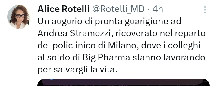 Volevo dire alla signorina <a href="/Rotelli_MD/">Alice Rotelli</a> che gli auguri dovrebbero essere un gesto umano, sentito, sincero. Usarli per prendere in giro qualcuno che sta male è un modo spregevole di intendere la medicina e la vita in generale. Sinceri auguri di pronta guarigione al dott.#Stramezzi.