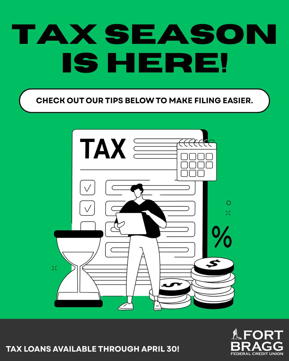 Tax season is here!📝 

1. Gather all your documents – W-2s, 1099s, and receipts.
2. Double-check deductions and credits you may qualify for – every bit helps.
3. Consider direct deposit for faster processing.

Visit FortBraggFCU.org/offers for details.
