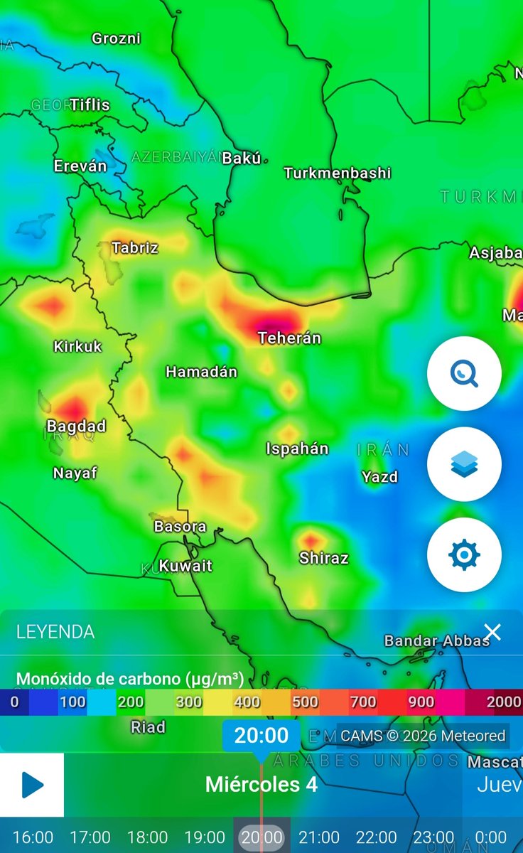 Divulgameteo's tweet photo. Concentraciones muy altas de CO (monóxido de carbono) en #Teherán, como consecuencia de las explosiones 💥 por impactos de proyectiles de gran calibre 💣 que están cayendo allí. Nunca pensé ver algo así en nuestro panel de calidad del aire de @MeteoredES 😢  #IranWar #GuerraIrán https://t.co/8BzssH0wFf