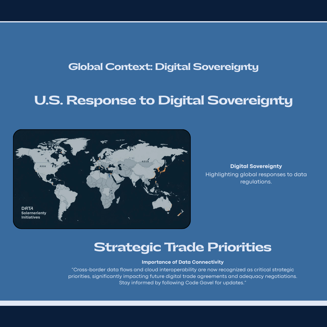 GavelCode's tweet photo. 🌍 The U.S. is pushing back on foreign data localization and “sovereign cloud” mandates in trade talks.

Cross-border AI data flows are now a strategic priority in global tech diplomacy.

#DataGovernance #DigitalTrade #AIStrategy #TechPolicy #CyberLaw #CodeGavel https://t.co/8AymmKh3pA