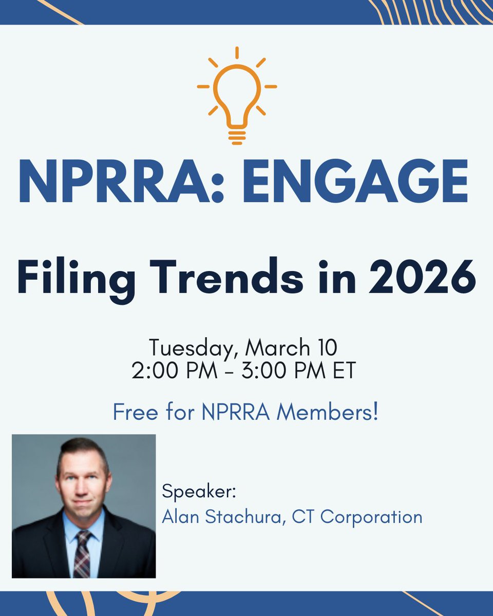 📣Don't miss our first Engage session of 2026 NEXT WEEK!

Filing Trends in 2026, hosted by Alan Stachura, is on March 10th from 2:00 to 3:00 PM ET. This event is only open to NPRRA members. Don't miss it!

🔗Learn More and Register Here: nprra.org/engage-session…