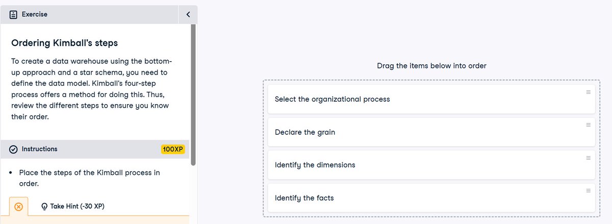 Queen_Aishah1's tweet photo. Day 19 of #30DaysOfDataChallengeWithDCA 🚀
Today I explored Data Modelling; how data is structured within a warehouse.
Dived into Kimball's Bottom-Up approach with 4 steps:
-Select the business process
-Declare the grain
-Identify dimensions
-Identify facts
@DataFestAfrica https://t.co/Uz1ocawWCL