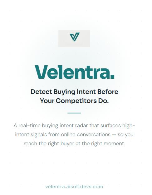 SarmadRafique2's tweet photo. After sharing that I’m building Velentra, someone asked:

“Why Reddit?”

Simple.

Because Reddit captures the moment before purchase.

When someone writes:
“Is there a tool for this?”
That’s not engagement.
That’s intent.

But here’s what I learned while validating:
Frustration ≠ buying intent
Complaints ≠ budget
Feature requests ≠ urgency

Real signals look like:

Tool comparisons
“Need this ASAP”
Budget mentions

Migration questions

Building Velentra around signal > noise.

Still validating.
Still refining.

But distribution starts where search begins.